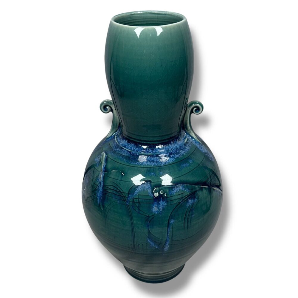Russel Spillmann Pottery Fine Porcelain Ceramic Vase 13" Glossy Glaze Blue Swirl